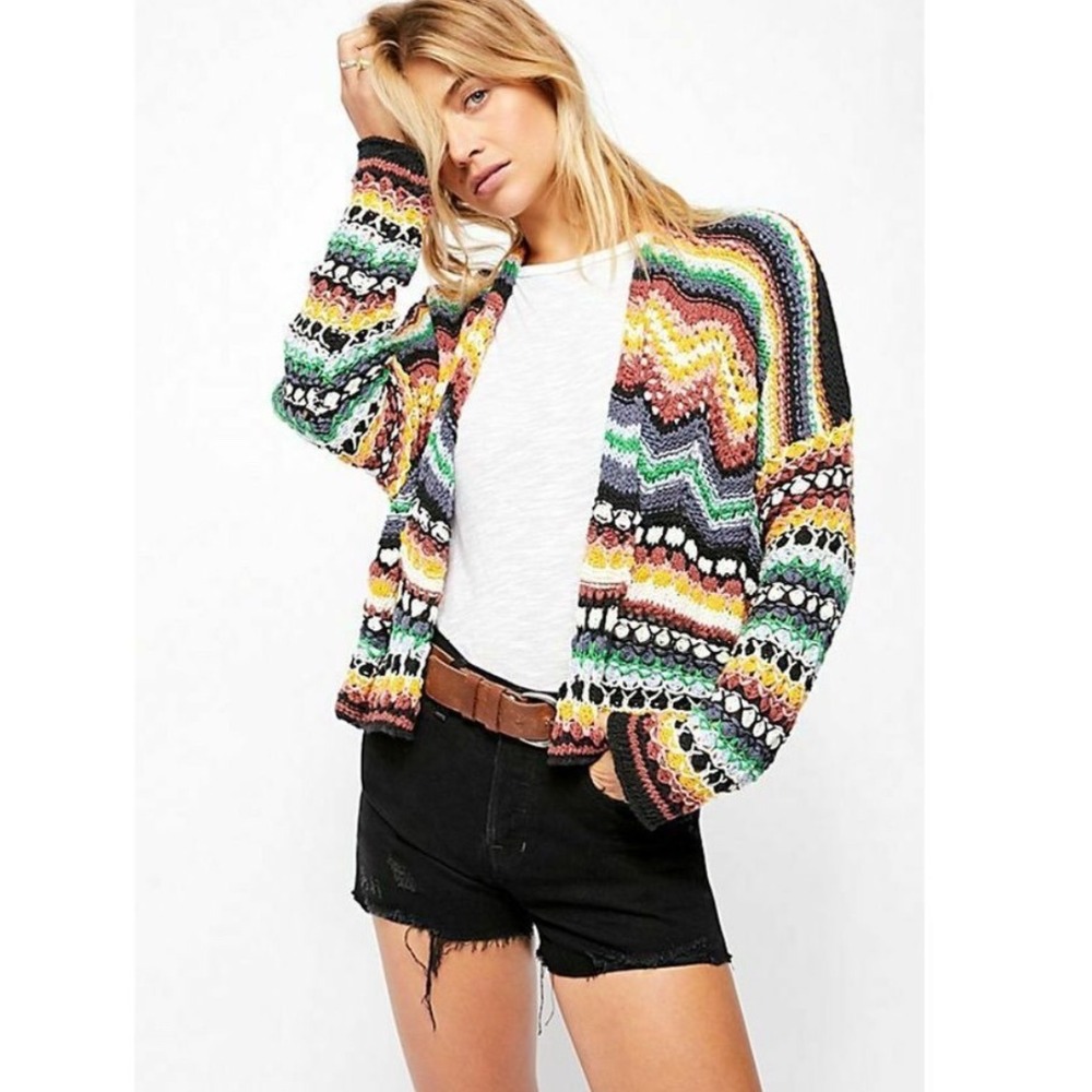 Free People Feeling Nostalgic Crochet Knit Multicolor‎ Cardigan Sweater XS